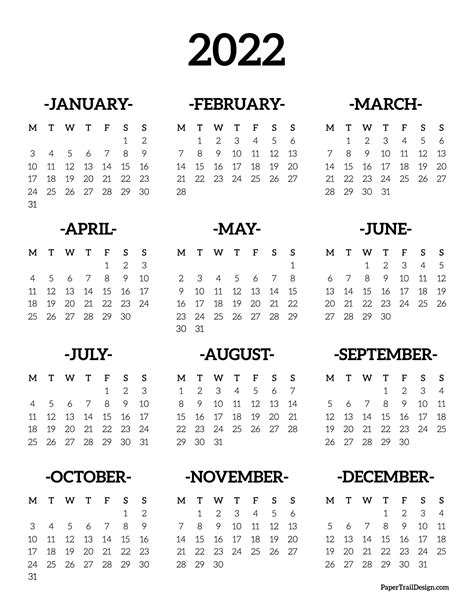 2022 Monday Start Calendar One Page Paper Trail Design