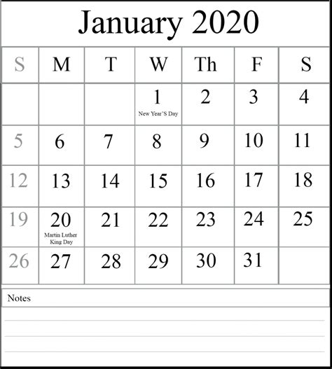 Free January 2020 Printable Calendar With Holidays Calendar School