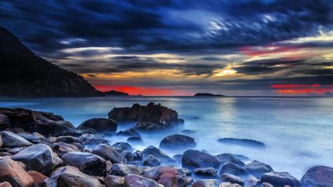 1920x1080 Red Rocks Shore Hdr Twilight Clouds Sea