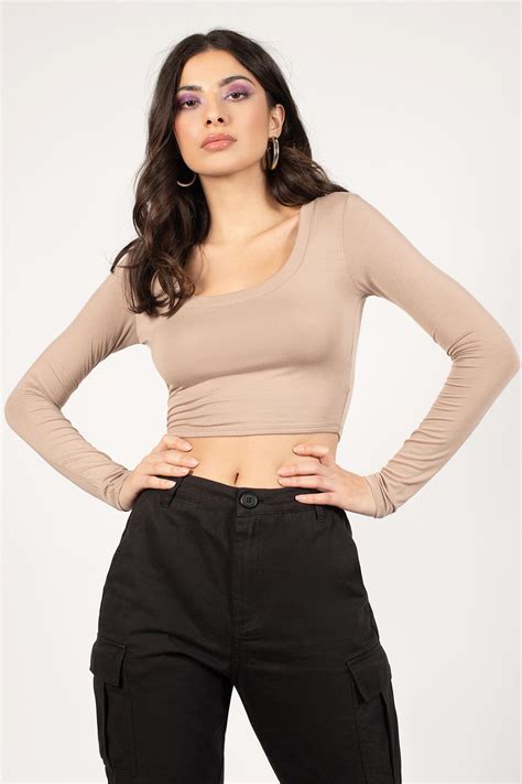 Tobi Crop Tops Womens Amuse Me Taupe Cropped Long Sleeve Top Taupe ⋆