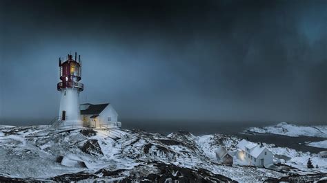 Nature Landscape Clouds Trees Norway Lighthouse Winter Snow