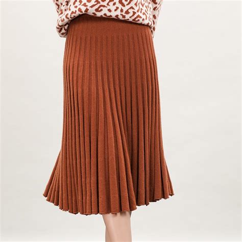 100 Australian Fine Wool Knit Pleated Belt Skirt Mid Claf Ribbed Skirt