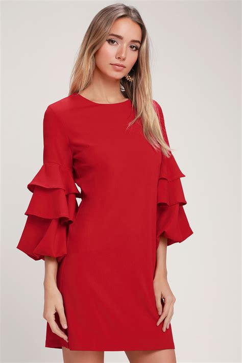 Chic Red Dress Shift Dress Ruffled Flounce Sleeve Dress Lulus