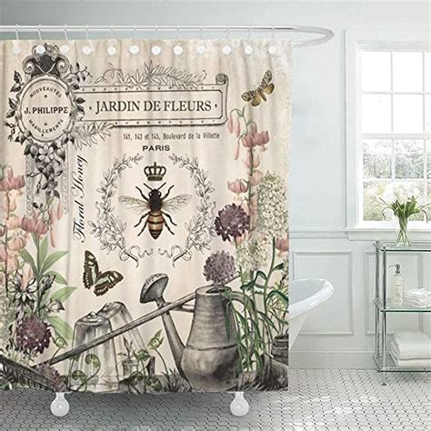 Semtomn Shower Curtain Modern French Bee Garden Vintage Queen Floral