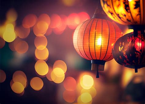 Premium Photo Red Chinese Lantern With Colourful Bokeh On The