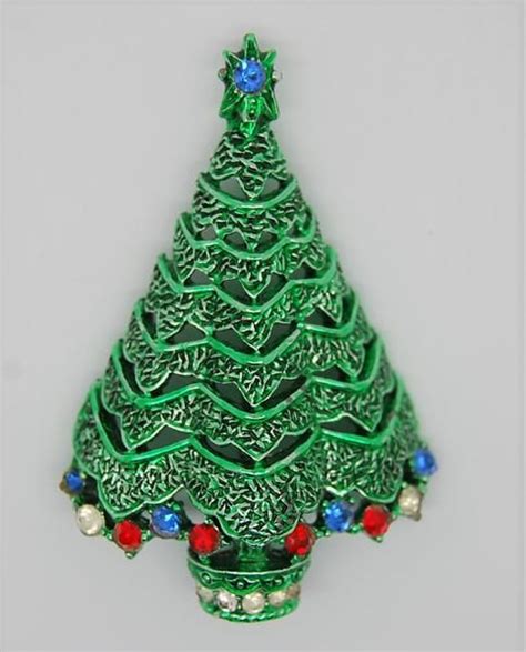 Corel Christmas Green Enamel Rhinestone Tree Figural Brooch 1950s