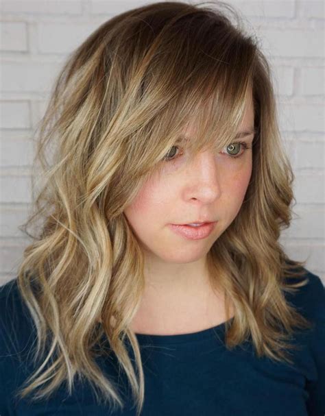 Mid Length Wavy Hairstyle With Bangs Side Bangs Hairstyles Side