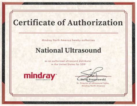 Certificate Of Authorization Mindray Ultrasound National Ultrasound