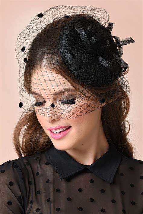 40s Marcia Polkadot Fascinator Hat In Black
