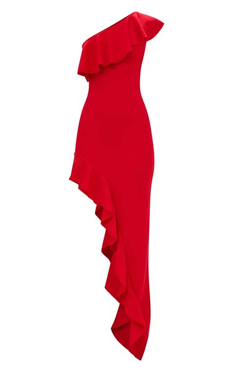 Red One Shoulder Ruffle Detail Asymmetric Maxi Dressdresses Prettylittlething Aus