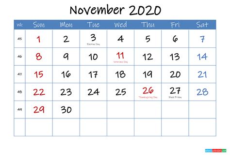 Printable November 2020 Calendar Word Template Ink20m23