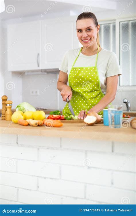 Smiling Woman Cooking Dinner At Home Stock Image Image Of German