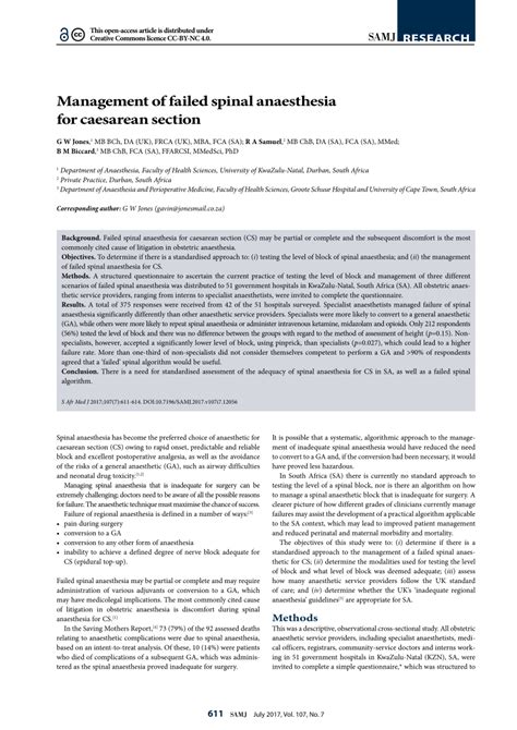 Pdf Management Of Failed Spinal Anaesthesia For Caesarean Section