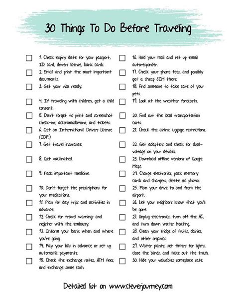 30 Things To Do Before Traveling Abroad Printable Checklist Travel