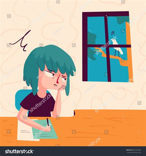 Vector Illustration Cartoon Girl Studying Bored Stock Vector Royalty