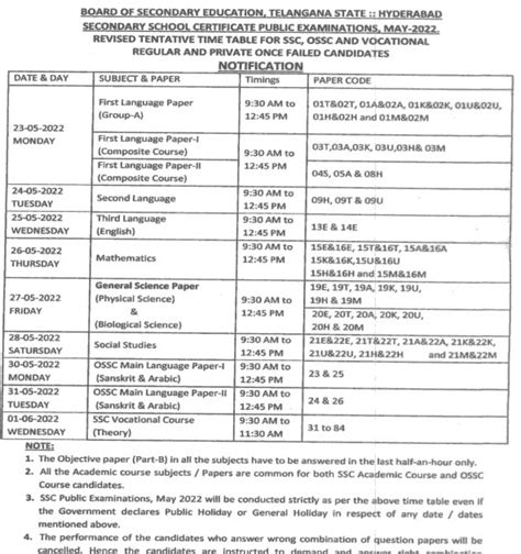 Ts 10th Exam Time Table 2023 Pdf Download For Class X Of Bse Telangana