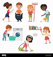 Vector Cartoon kids cleaning at home set. Children in various cleaning ...