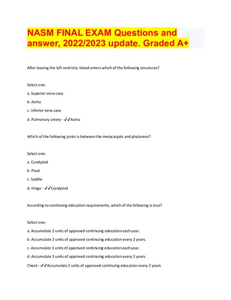 Nasm Final Exam Questions And Answer 20222023 Update Graded A In