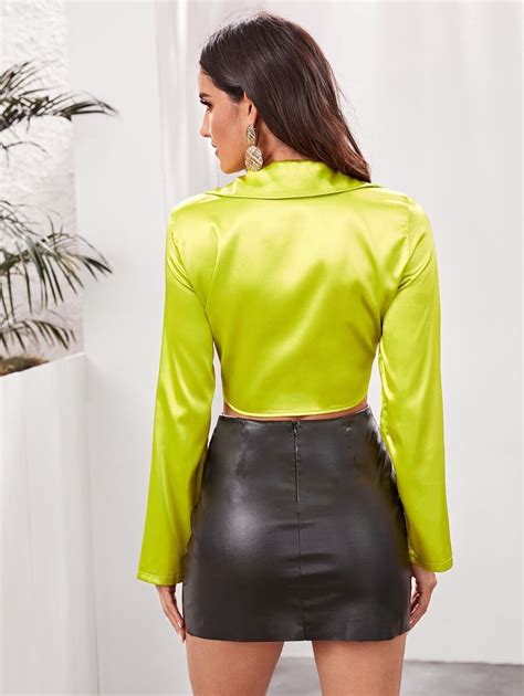Neon Lime Tie Front Satin Crop Top Shein Usa Fall Fashion Outfits Top Outfits Satin Crop Top