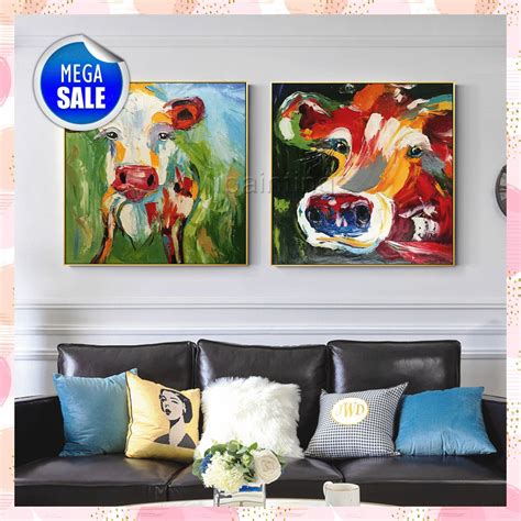 Set Of 2 Wall Art Cow Painting Pet Portrait Animal Oil Etsy