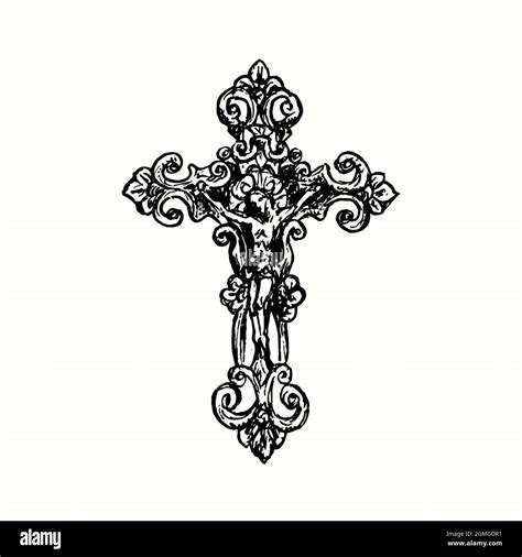 Vintage Style Decorative Cross With Crucifixion Ink Black And White