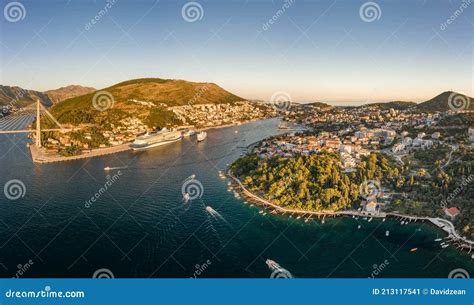 Aerial Panorama Drone Shot Of Dubrovnik Bridge At Port Gruz In Lapad Adriatic Sea In Croatia