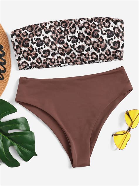 Ad Leopard Print Bandeau With High Waist Bikini Set Tags Bandeau Wireless Polyester High