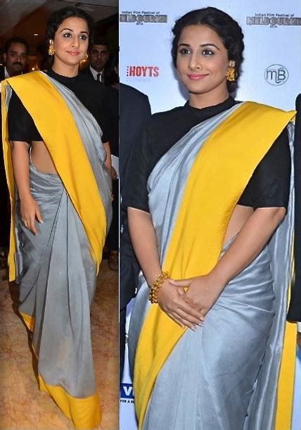 Buy Vidya Balan Grey Saree With Black Blouse And Yellow Border Online