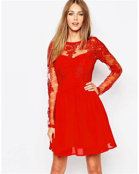 Missguided Premium Lace Long Sleeve Skater Dress In Red Lyst