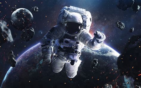 Download Outer Space Astronaut Spacewalking Glowing Stars Asteroids