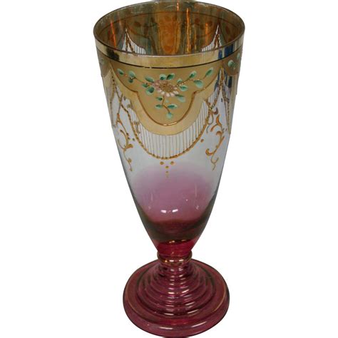Moser Tall Gilded Enameled Floral Footed Art Glass Goblet Stem From Finerchoice On Ruby Lane