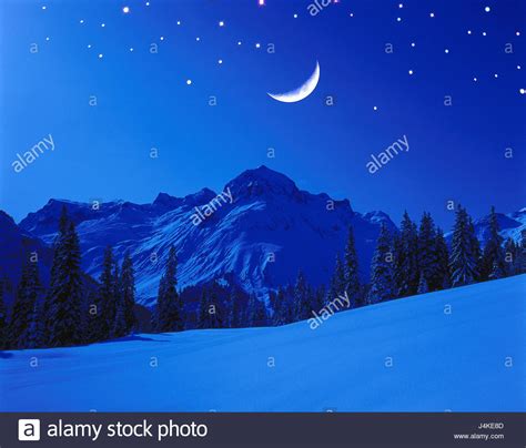 Winter Scenery Mountains Crescent Stars Night M