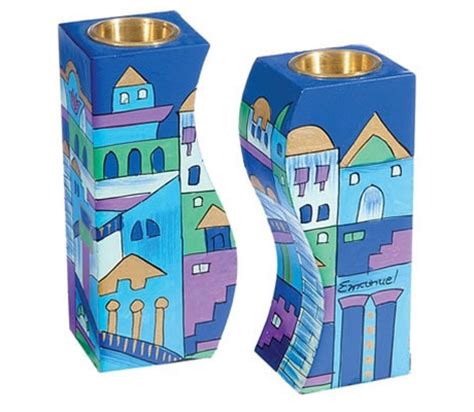 Yair Emanuel Hand Painted Wood Fitted Candlesticks Blue Jerusalem