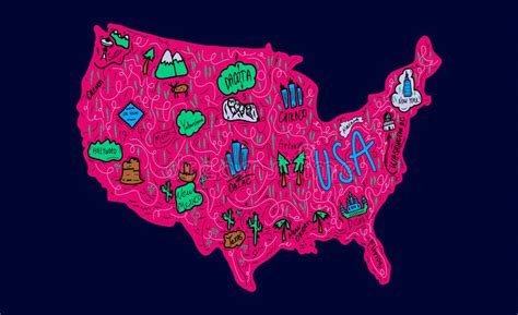 ilustración de un mapa de estados unidos con nombres de estado en color rosa brillante viajes a