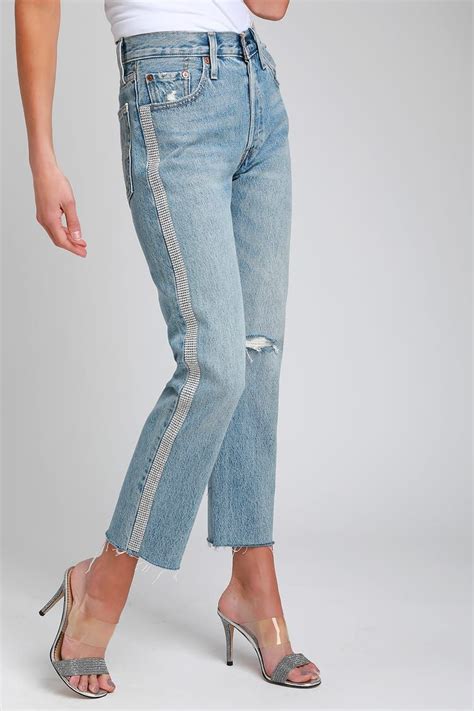 501 Crop Straight Medium Wash Distressed Rhinestone Jeans Fashion