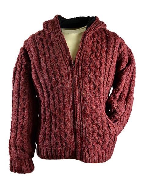 Premium Handknit Fleece Lined Hooded Cardigan Red Aran Sweater