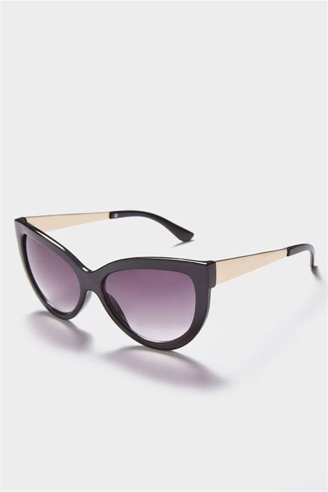 Black Cat Eye Sunglasses With Gold Tone Arms With Uv 400 Protection