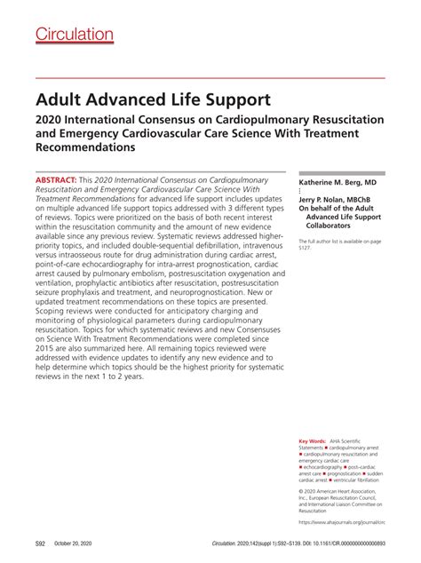 Pdf Adult Advanced Life Support 2020 International Consensus On