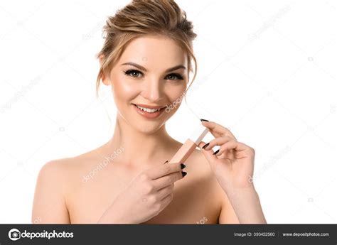 Sonriente Mujer Rubia Hermosa Desnuda Con Maquillaje Uñas Negras
