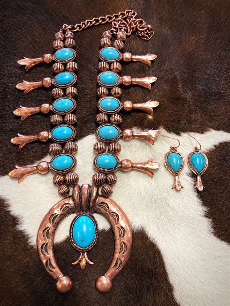 Austin Navajo Squash Blossom Necklace Set Turquoise Copper