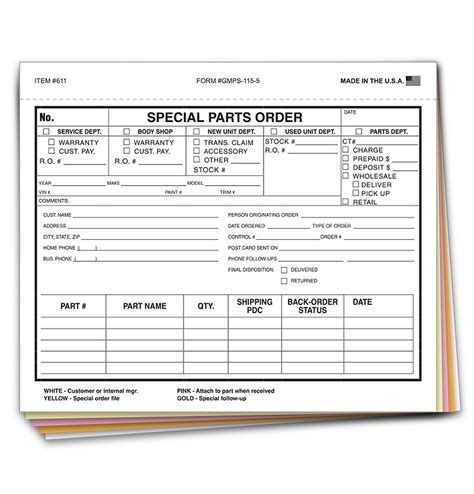 Five Part Special Parts Order Form