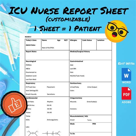 Icu Nursing Report Sheet Template Customizable Nurse Report Etsy