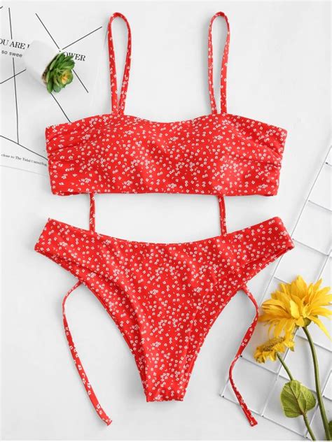 zaful tie shoulders tiny floral bikini set lava red floral bikini set floral bikini bikini set