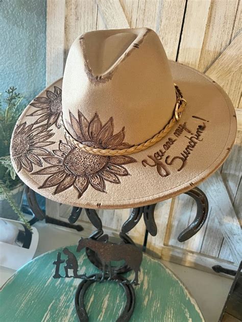 Custom Sunflower Burned Felt Western Wide Brim Hat Ebay In 2022 Sunflower Hat Wide Brim Hat