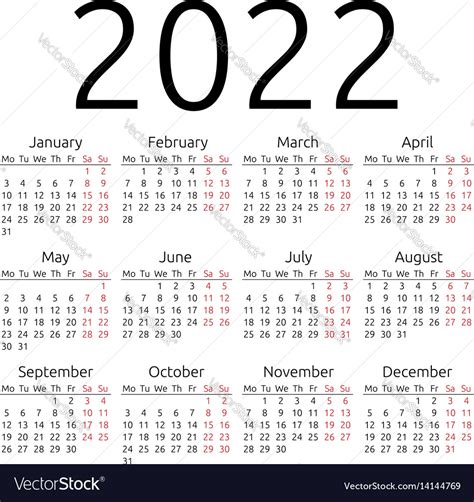 Simple Calendar 2022 Monday Royalty Free Vector Image