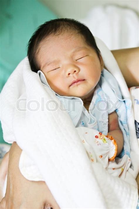 Newborn Asian Baby Girl Sleeping Stock Image Colourbox