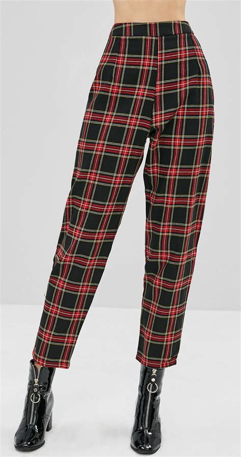Vintage Red Black Tapered Plaid High Waisted Pants Women Pants For Women High Waisted Pants