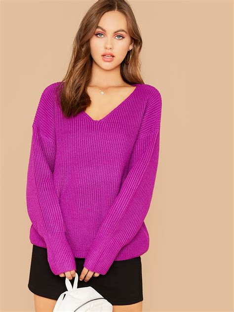 Ad Neon Purple Drop Shoulder Sweater Tags Casual Purple Bright