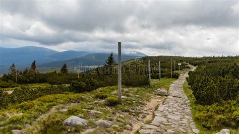 Long Mountain Trail With Panorama Of Giant Mountains Around Stock Image
