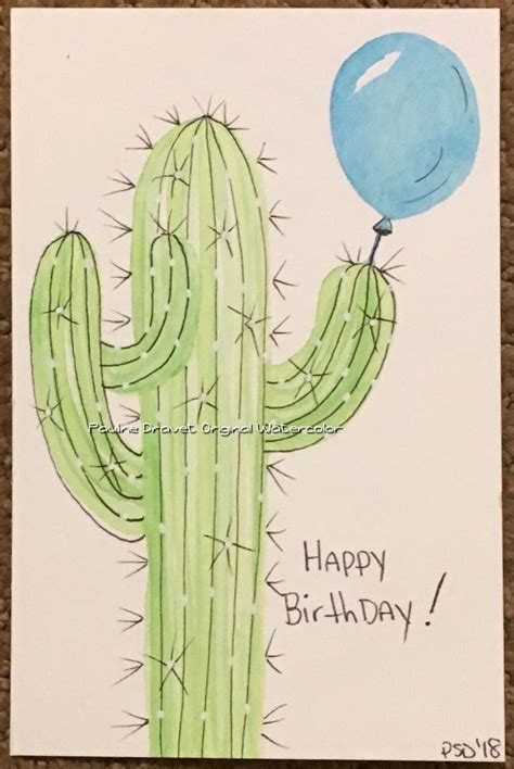 Saguaro Cactus Balloon Birthday Watercolor Card Watercolor Cards